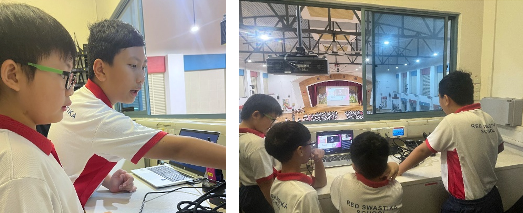 1st image: AV Leaders in the AV control room, monitoring the stage and operating equipment during a school event. 2nd image: AV Leaders operating AV equipment, with an older student guiding them.